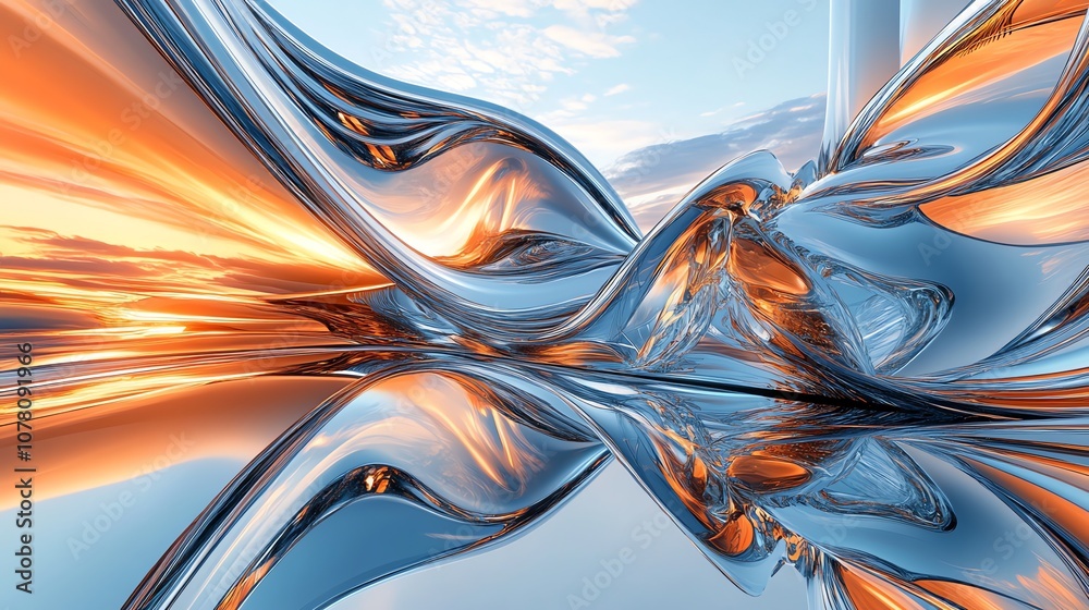 Aufkleber abstract metallic fluid forms with a sunset reflection.