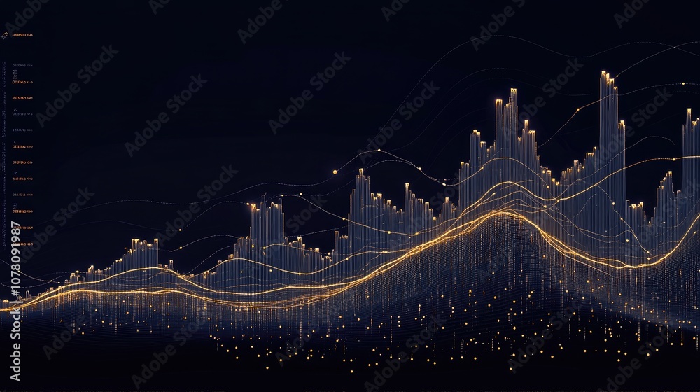 Poster abstract data visualization with glowing line graphs and dynamic light elements representing trends,