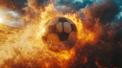 Fototapeta premium A soccer ball engulfed in flames, a fiery explosion representing the passion and intensity of the sport.