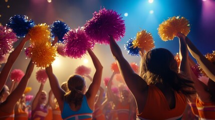 A group of cheerleaders holding pom-poms, leading the crowd in cheers.