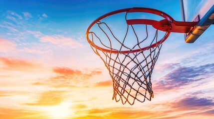 Sunset Scene with a Basketball Hoop Against a Vibrant Sky Highlighting the Beauty of Sport and Nature in Perfect Harmony at Dusk