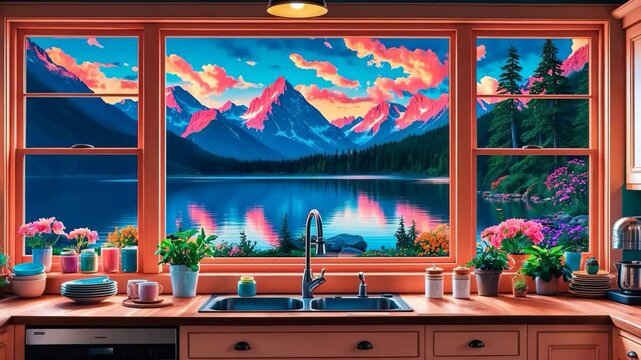 Video footage of kitchen sink with plants on the counter overlooks a stunning mountain lake view through a large window, featuring vibrant sunset colors reflecting on the water