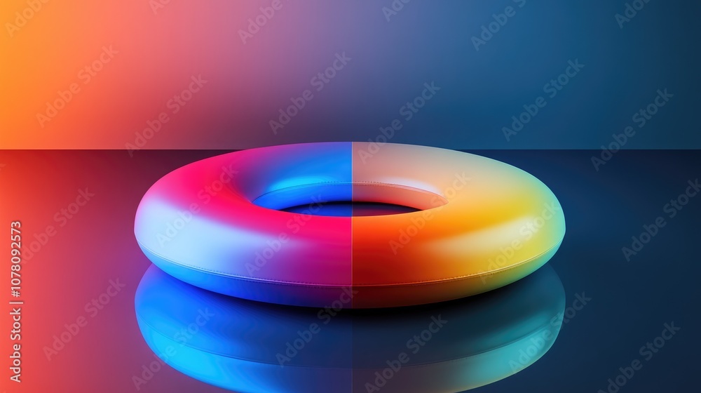 Poster abstract colorful donut shape on reflective surface with gradient hue transitioning from blue to ora