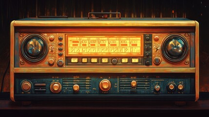Fototapeta premium Vintage radio with glowing display and knobs, brown wood frame.
