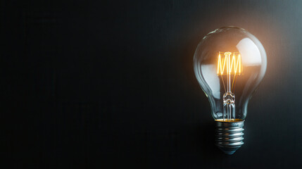 solitary upright lightbulb illuminates against solid black background, creating striking contrast that evokes sense of simplicity and elegance