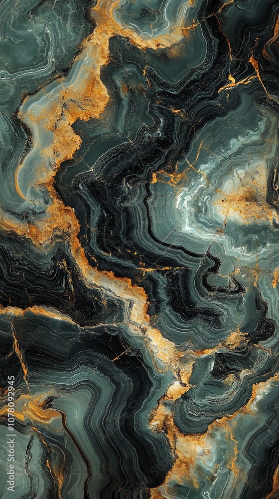 Poster abstract pattern of green and gold marble with swirls and veins.