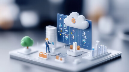 Obraz premium 3D model of cloud based data analysis platform with worker, trees, and charts, showcasing modern technology and data management