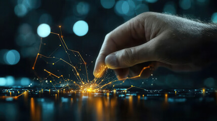 Hand interacting with glowing data points, creating dynamic connections in digital environment, symbolizing technology and innovation