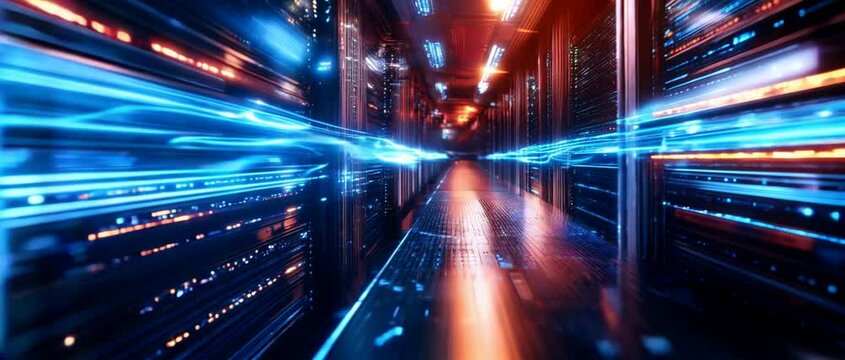 Futuristic Data Center Environment with Neon Lights and High-Speed Data Flow Creating a Vibrant and Dynamic Atmosphere in a Modern Technology Setting