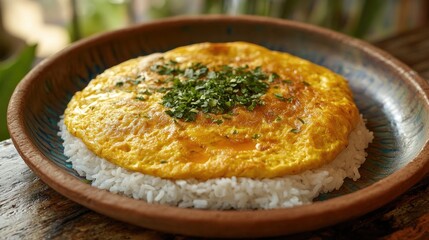 Delicious Asian Omelette Served Over a Bed of Fluffy White Rice Garnished with Fresh Herbs on a Rustic Wooden Table