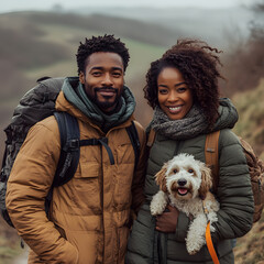 Couple hiking in the mountains with their dog and enjoying nature. Concept: company, fun.
