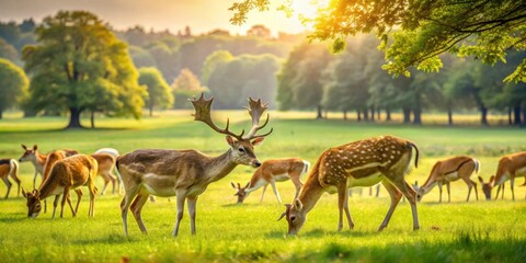 Park with deer grazing in a beautiful meadow , deer, park, nature, wildlife, meadow, grass, peaceful, tranquil, outdoors