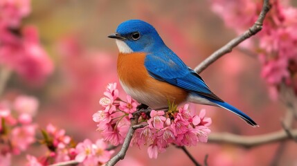 A bluebird perches on a branch with pink blossoms, its bright blue feathers contrasting with the delicate flowers.