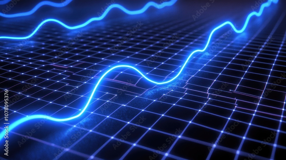 Poster abstract blue wave patterns on a dark grid background representing data visualization, technology co