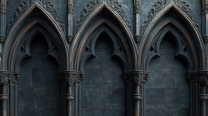 Fototapeta premium A dark, textured wall with three gothic arches, featuring intricate carvings and ornate details.