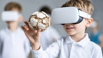 Young Boy Wearing Virtual Reality Headset Engaged in Interactive Learning Experience While Holding An Object in a Classroom Setting with Peers in Background