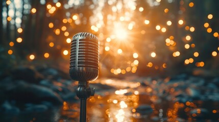 A vintage microphone stands in a stream of water with a glowing bokeh background.