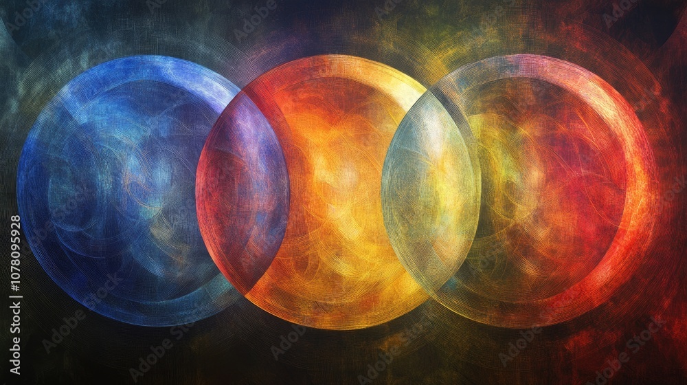 Poster abstract color mixing with three overlapping circular shapes representing vibrant blue, orange, and 