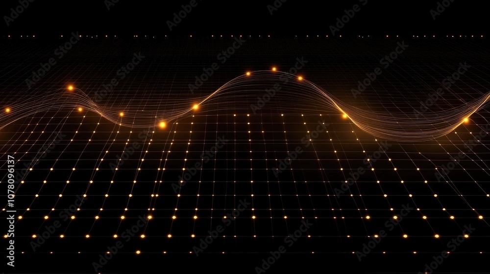 Poster abstract waves of glowing golden particles over a dark background, showcasing a dynamic flow of ligh