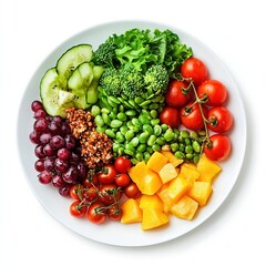 Healthy bowl with vegetables, fruits, and grains.
