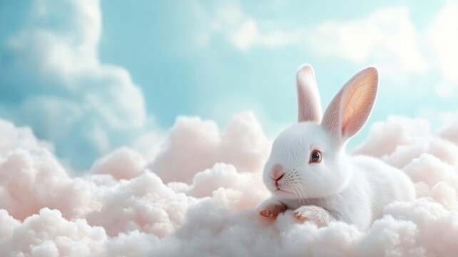 A rabbit floating among fluffy clouds in a pastel-colored sky, with soft sunlight and a dreamy ambiance, evoking a sense of calm and wonder.