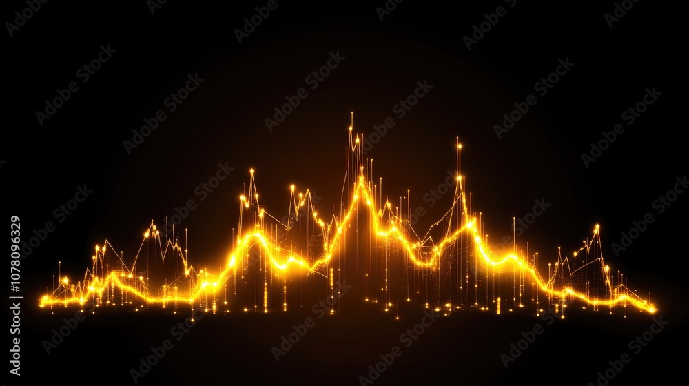 Poster abstract golden energy wave with dynamic fluctuations and sparkling points representing data trends 