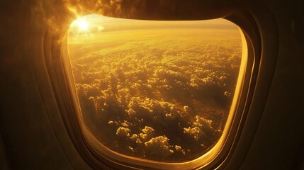 Fototapeta premium Airplane window view of a sunset over the ocean, with golden clouds below. 