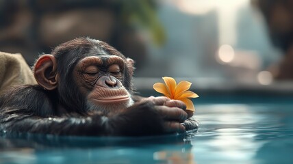 A chimpanzee relaxing in a luxurious spa, surrounded by exotic flowers.