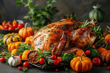 Roasted Turkey and Autumn Sides on Dark Stone Table copy space  background