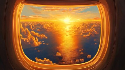Fototapeta premium Airplane window view of a sunset over the ocean, with golden clouds below. 