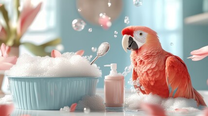 A parrot in a whimsical bath with playful bubbles and luxurious accessories, set in a cheerful, colorful environment.