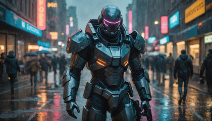 A futuristic soldier walks through a rainy city street, with a glow around their chest plate