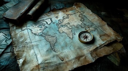 An old world map with a compass and antique leather-bound books on a wooden table.