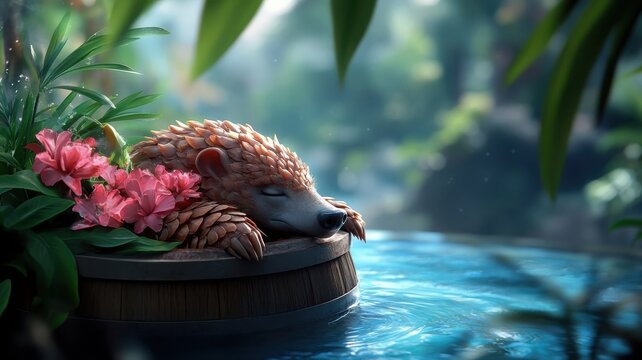 A pangolin enjoying a serene spa experience with exotic flowers and calming water features.