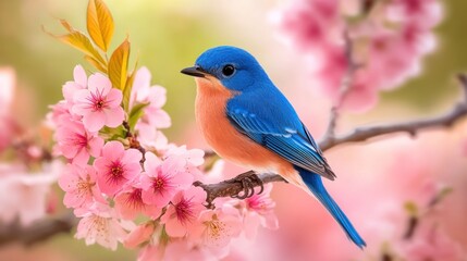 Obraz premium A bluebird perches on a branch of a blossoming cherry tree, with pink flowers blooming.
