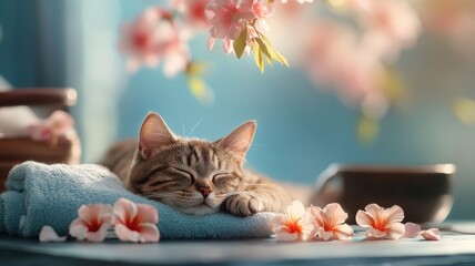 A cat relaxing in a luxurious spa surrounded by exotic flowers and plush amenities, enjoying the ultimate comfort.