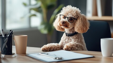 A Poodle in a business suit giving a confident presentation in a modern office, showcasing professionalism and charm.
