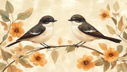Fototapeta premium Two Birds Perched on Branch with Flowers
