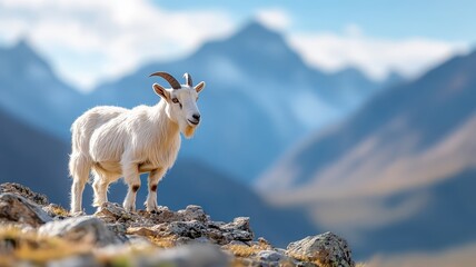 Fototapeta premium A goat playfully climbing rocky terrain, showing its agility and adventurous spirit in a rugged mountainous landscape.
