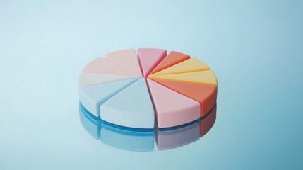 Obraz premium Colorful segments of a pie chart made from vibrant pastels on a reflective surface, symbolizing proportion, creativity, and modern design in visual representation.