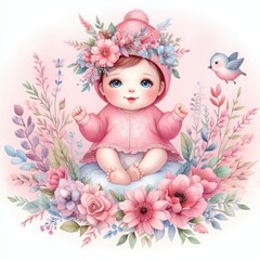 Fototapeta premium watercolor Cute baby in a watercolor floral flower image