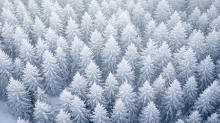 Top view of a frosty forest, with snow mounds at the base of every tree, creating a patchwork pattern.