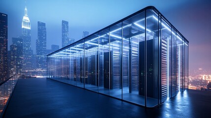 Obraz premium Modern server room on a rooftop overlooking a city skyline at night.