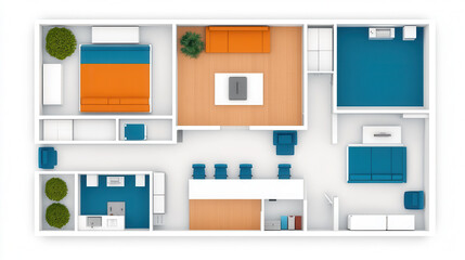 Modern top view layout of stylish apartment featuring vibrant colors and functional spaces. design includes living area, kitchen, and bedroom, creating cozy atmosphere