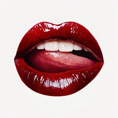 Obraz premium close-up of a pair of sensual, glossy red lips. The lips are prominently featured, taking up the majority of the frame, with the teeth visible in the center. The lighting and focus draw attention to 