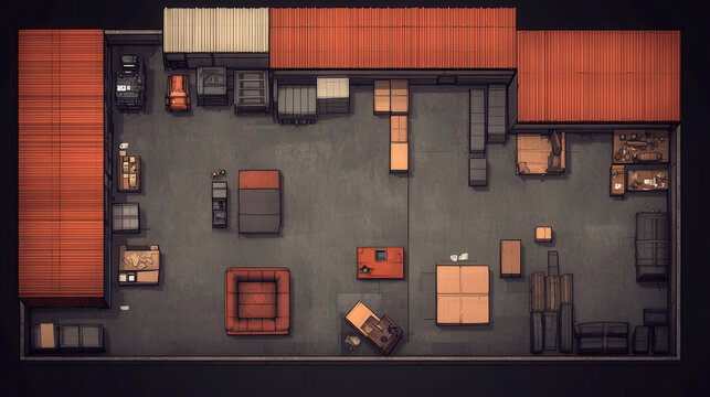 top view map of warehouse layout featuring various storage areas, furniture, and equipment. design includes distinct sections for organization and functionality, creating efficient workspace