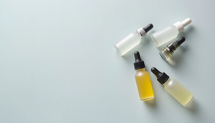 Fototapeta premium Five assorted dropper bottles with various liquids arranged on soft pastel background 