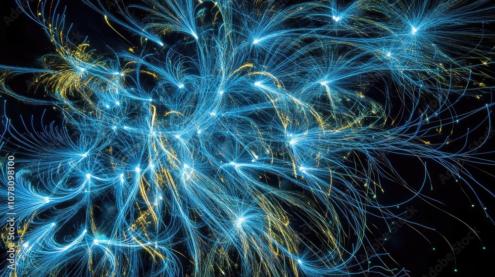 Poster mesmerizing abstract light trails in blue and yellow creating dynamic patterns against a dark backgr
