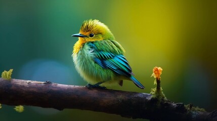 Obraz premium A vibrant bird perched on a branch, showcasing its colorful feathers in a serene environment.