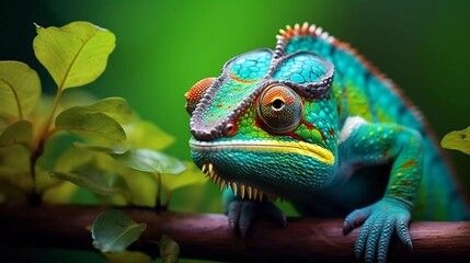 Obraz premium A vibrant chameleon perched on a branch amidst lush green leaves, showcasing its colorful scales.
